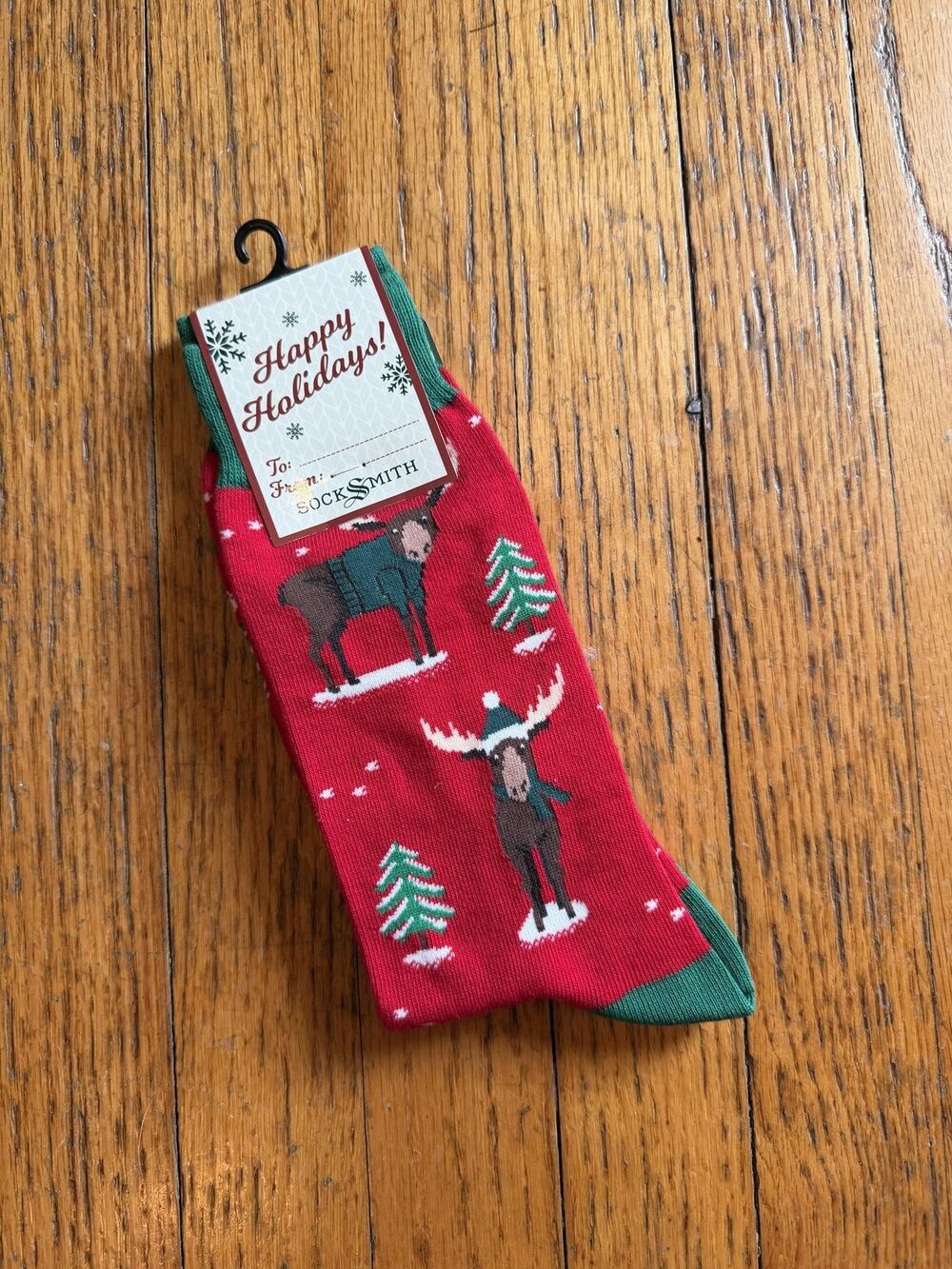 Socksmith Socks Mens 10-13 Red Christmoose Christmas Moose Graphic Crew 6 Pairs